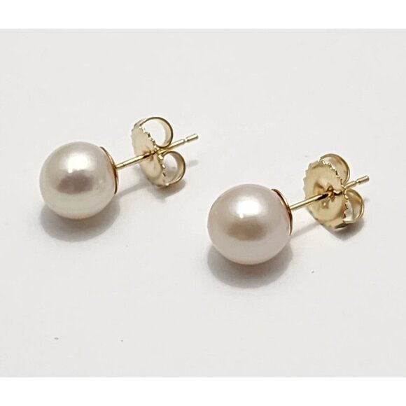 Beautiful 14K Karat Solid Yellow Gold Designer Round Pearl Stud Earrings - Picture 1 of 16